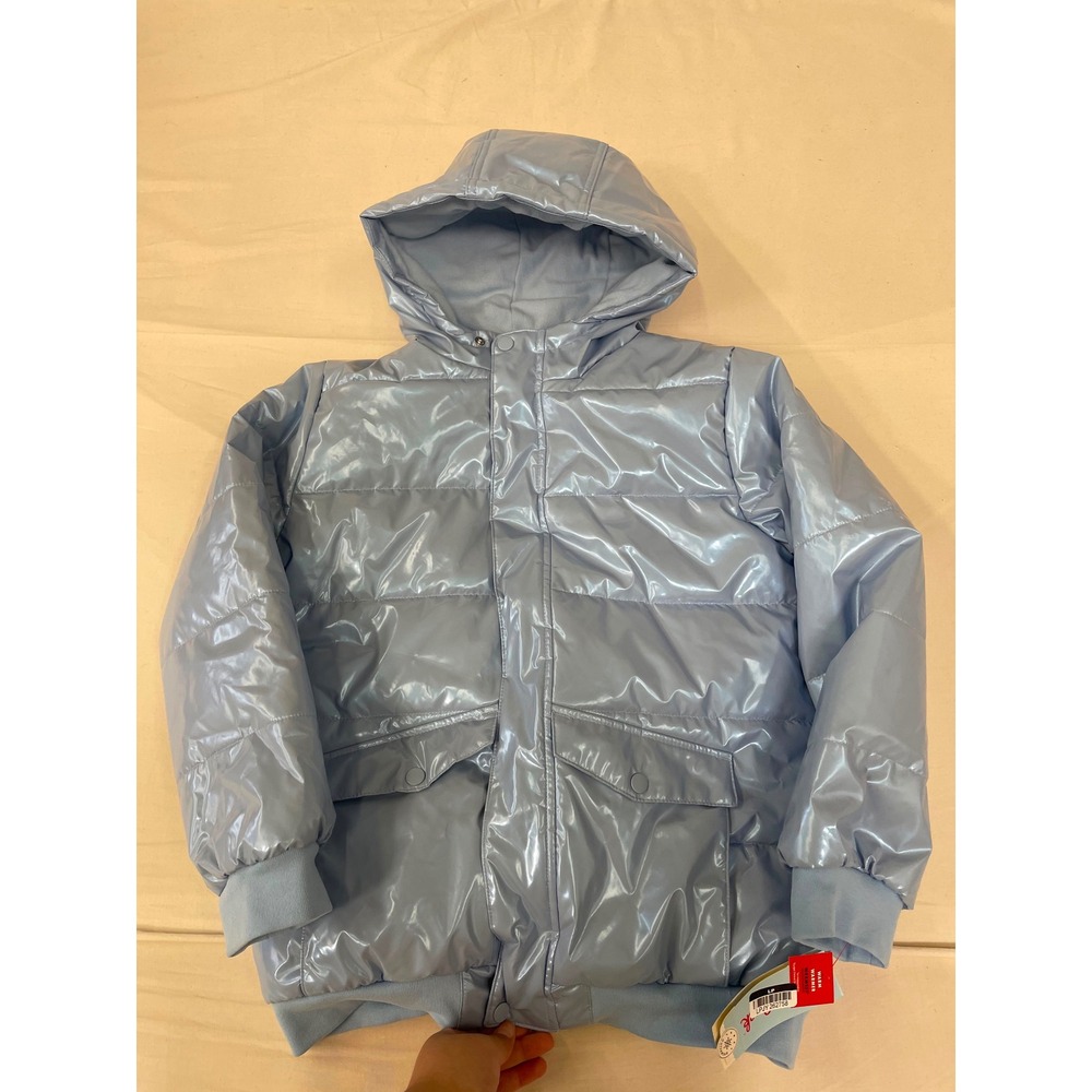 Cat & Jack Kids Metallic Light Blue Puffer Jacket Hooded Quilted Coat XL 14